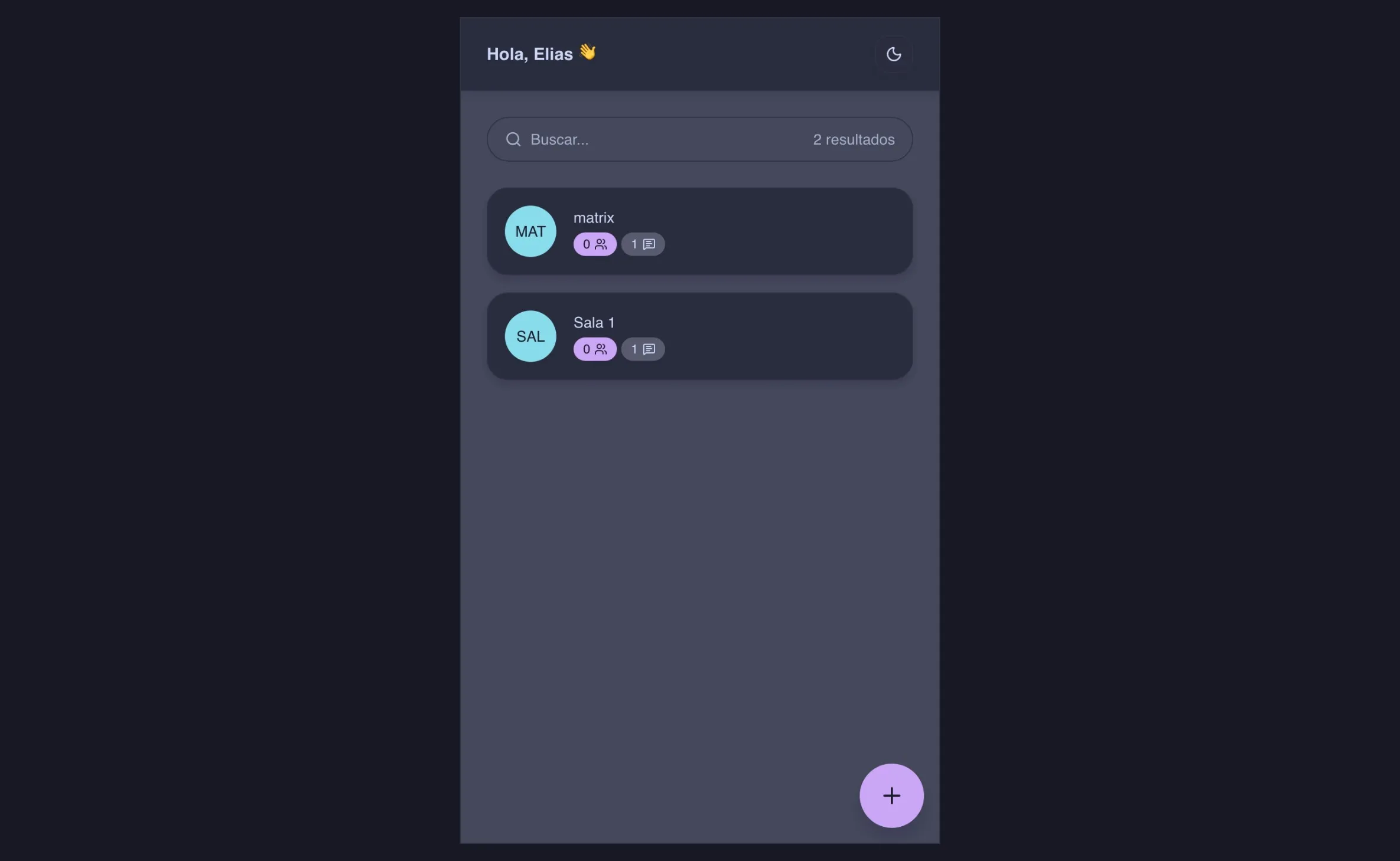 Pantalla de salas de Hono Chat