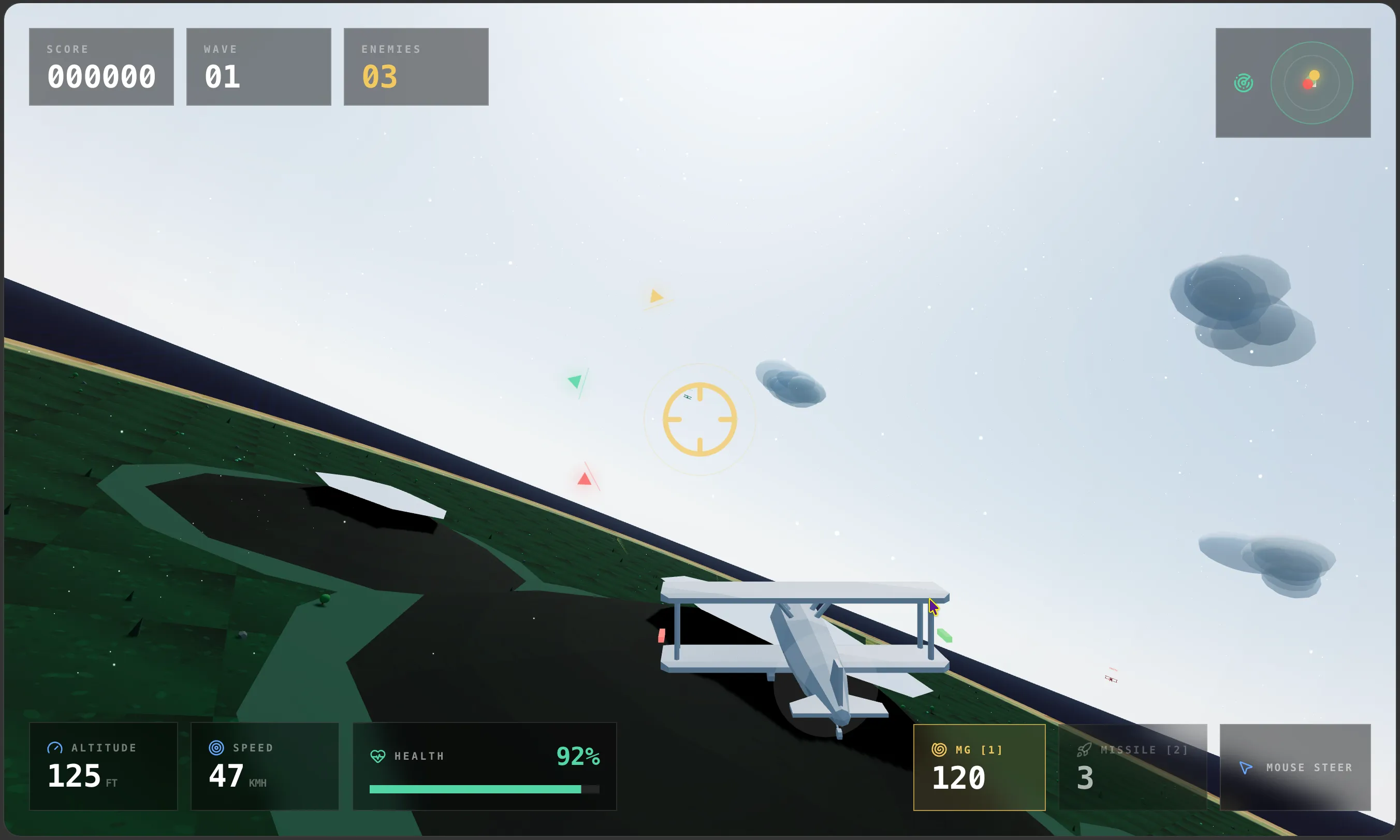 Gameplay de Skybound PvE con un biplano sobrevolando una isla