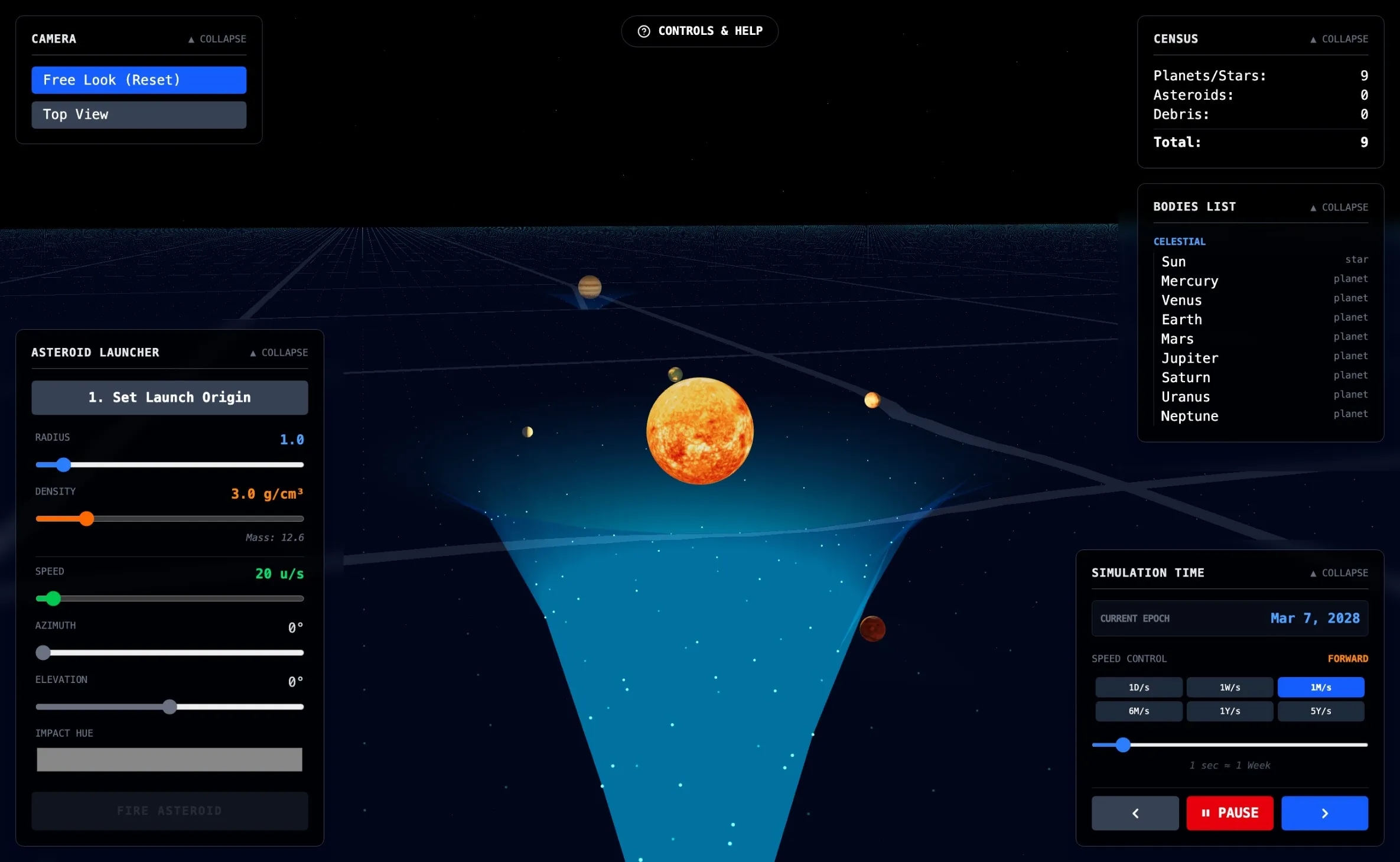 Simulador Solar con controles de cámara, tiempo y lanzamiento de asteroides